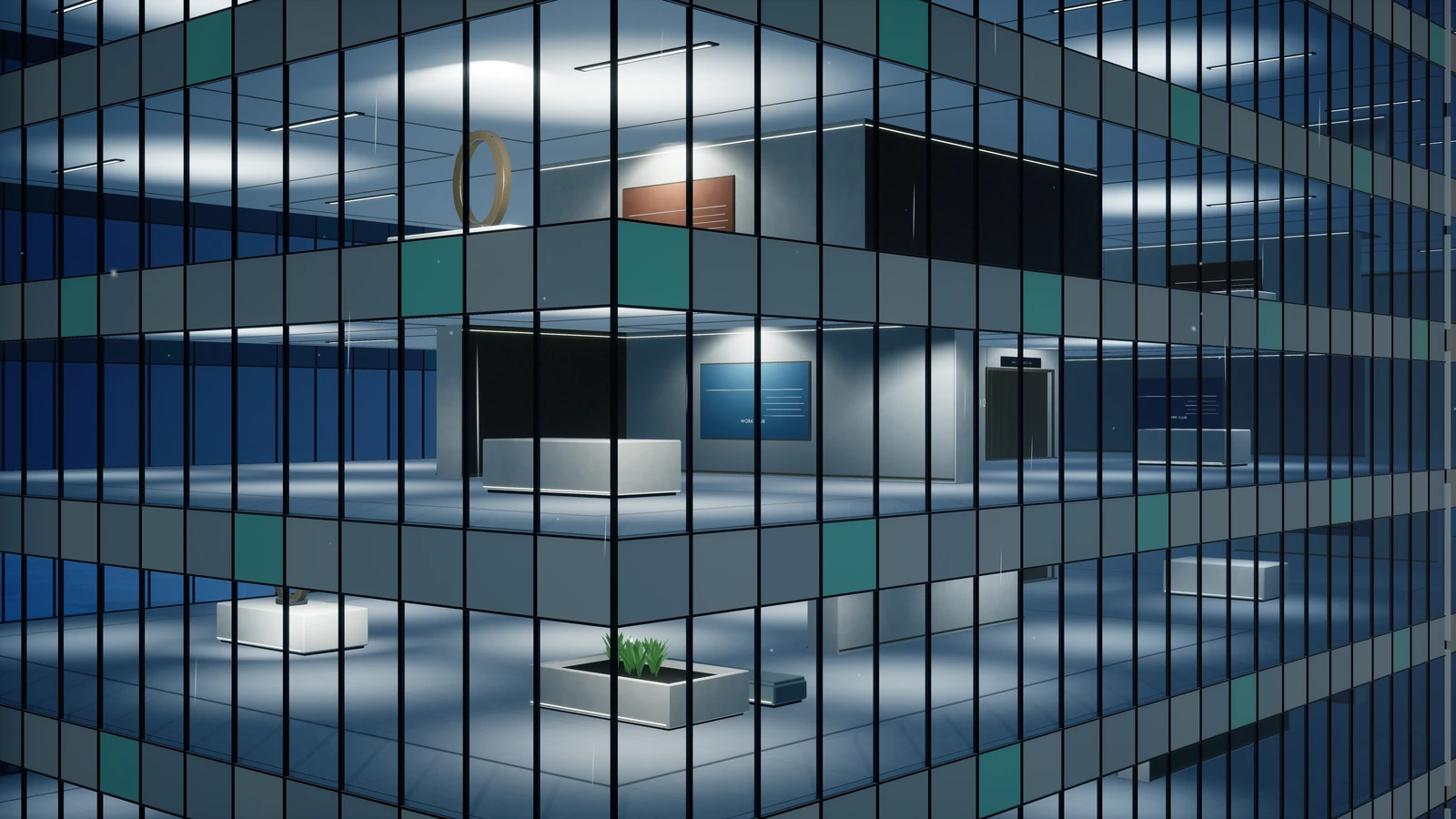 The blue glass corner of Five City Center, with illuminated galleries and sculptures visible inside.