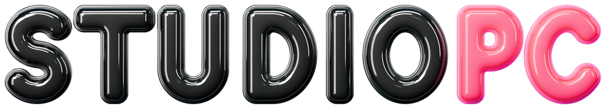 StudioPC wordmark in black chrome and glossy pink